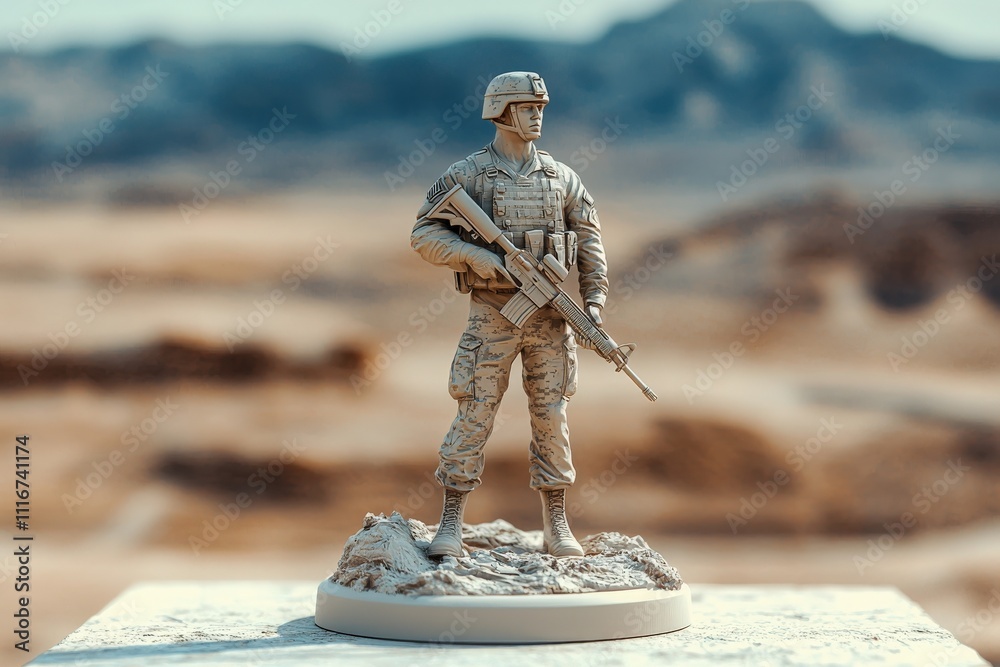 A detailed soldier figurine displays a realistic pose while holding a firearm. It stands on a rocky base, surrounded by a desert landscape under a clear blue sky.