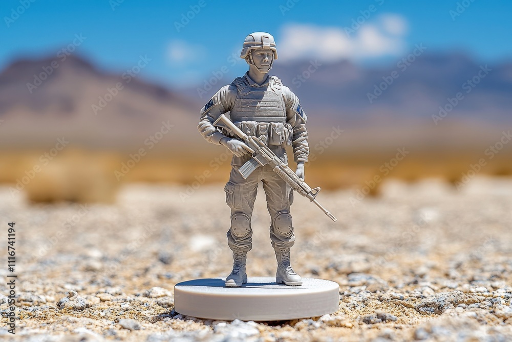 A detailed soldier figurine is positioned on a sandy desert surface, surrounded by dry grass and pebbles. Mountains rise in the background under a clear blue sky, reflecting a bright sunny day.