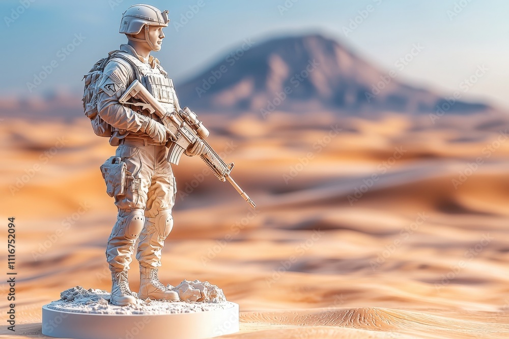 A detailed soldier figurine stands on a rocky base in an expansive desert setting, with soft sandy dunes and a distant mountain under a clear blue sky, conveying a strong sense of vigilance.