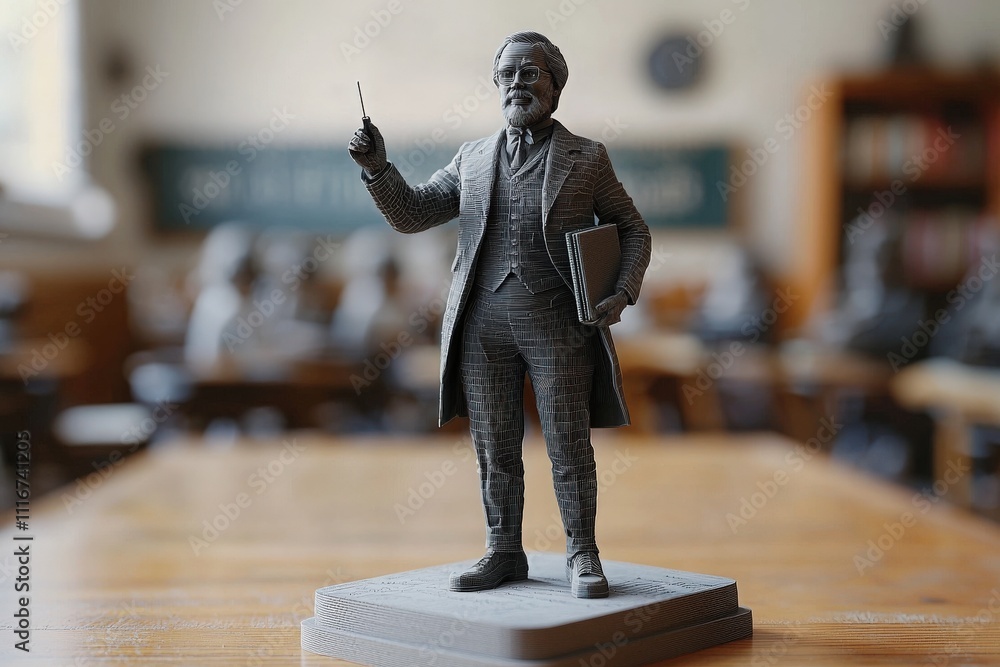 A detailed statue depicts a scholar standing confidently with a pointer in hand. He is dressed in formal attire, surrounded by an old classroom ambiance.