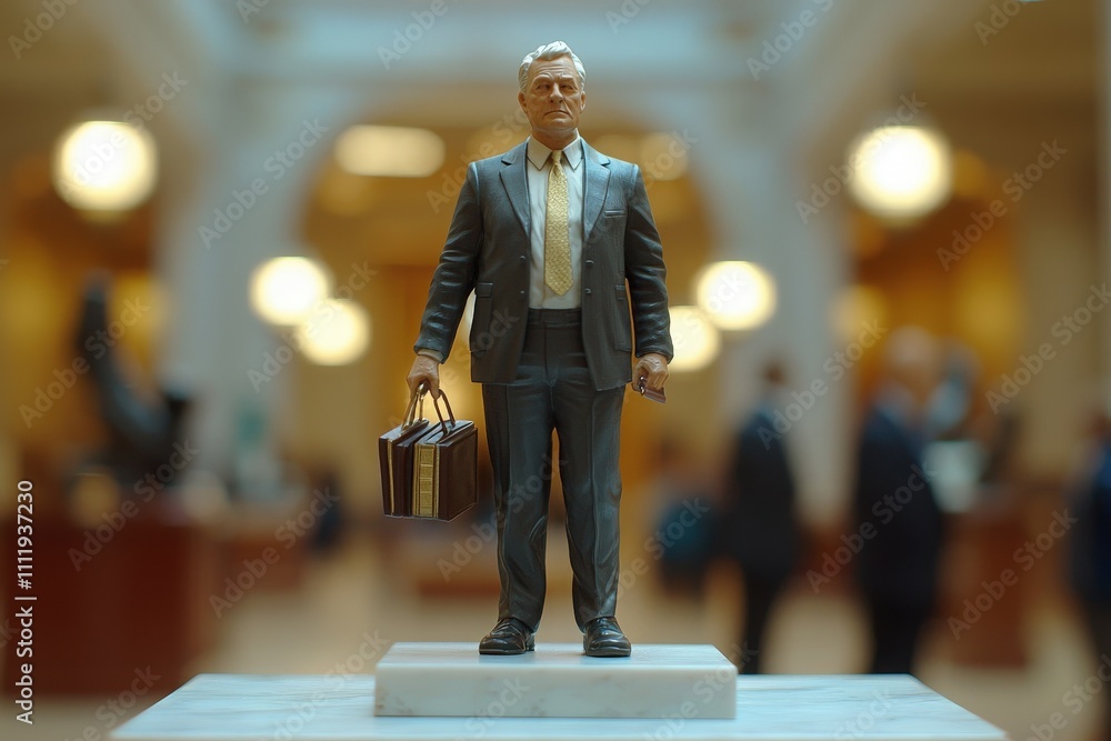 A detailed statue of a businessman dressed in a suit stands confidently on a pedestal in a contemporary office environment, surrounded by blurred figures engaged in various activities.