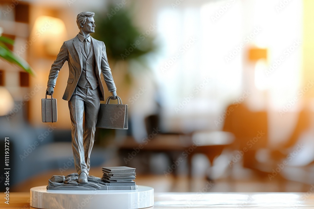 A detailed statue of a businessman dressed in formal attire holds briefcases in each hand.