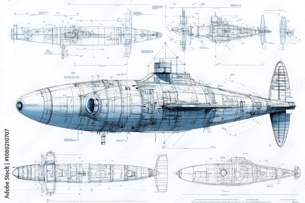 A detailed technical drawing showcases a deep-sea submersible designed for exploring ocean depths. Various perspectives highlight its engineering and functional features.