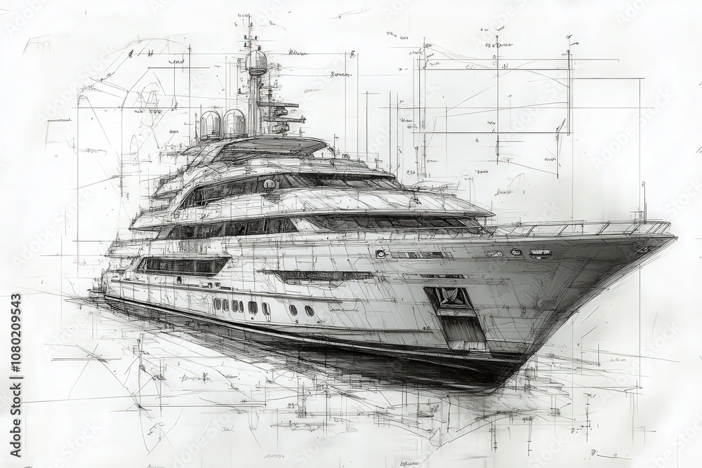 A detailed technical drawing showcases a luxury yacht, highlighting its intricate design elements, dimensions, and structural features.