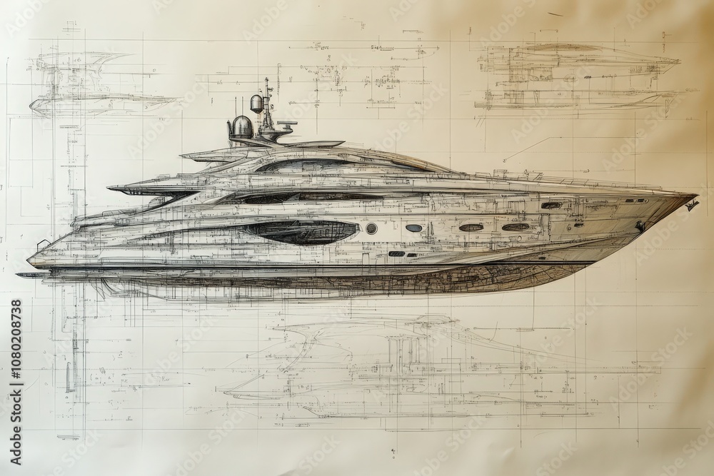 A detailed technical drawing showcases a modern yacht design, highlighting intricate features and structural elements.