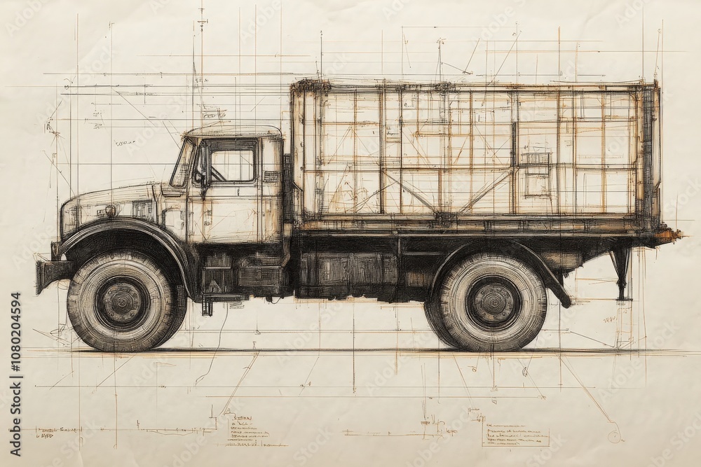 A detailed technical sketch depicting a delivery truck, showcasing its design elements and measurements necessary for construction. The drawing highlights the trucks structure and proportions.