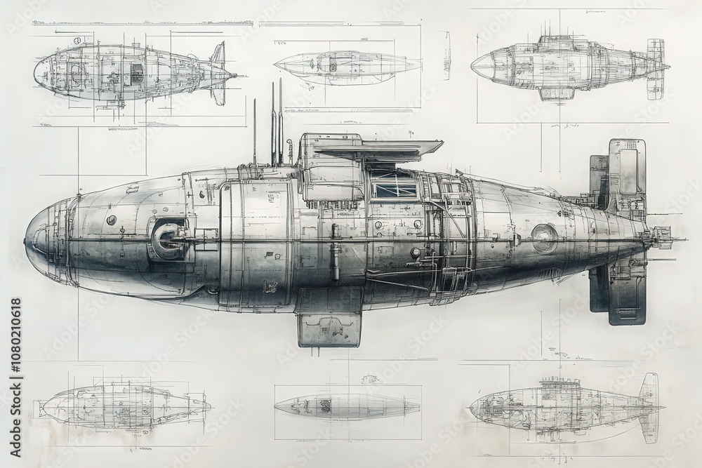 A detailed technical sketch depicts a deep-sea submersible, presenting multiple views and annotations of its structure, highlighting its design for underwater exploration and research.
