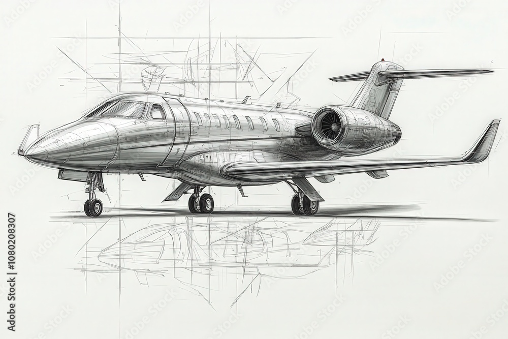 A detailed technical sketch depicts a sleek private jet, focusing on design elements, engineering features, and structural accuracy. Drawn with precision, it showcases innovative aviation concepts.