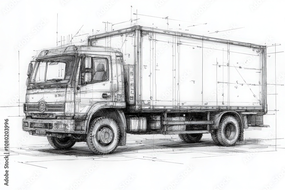 A detailed technical sketch drawing illustrates a delivery truck, emphasizing its structure and measurements. The sketch captures the vehicles design intricacies suitable for urban logistics.