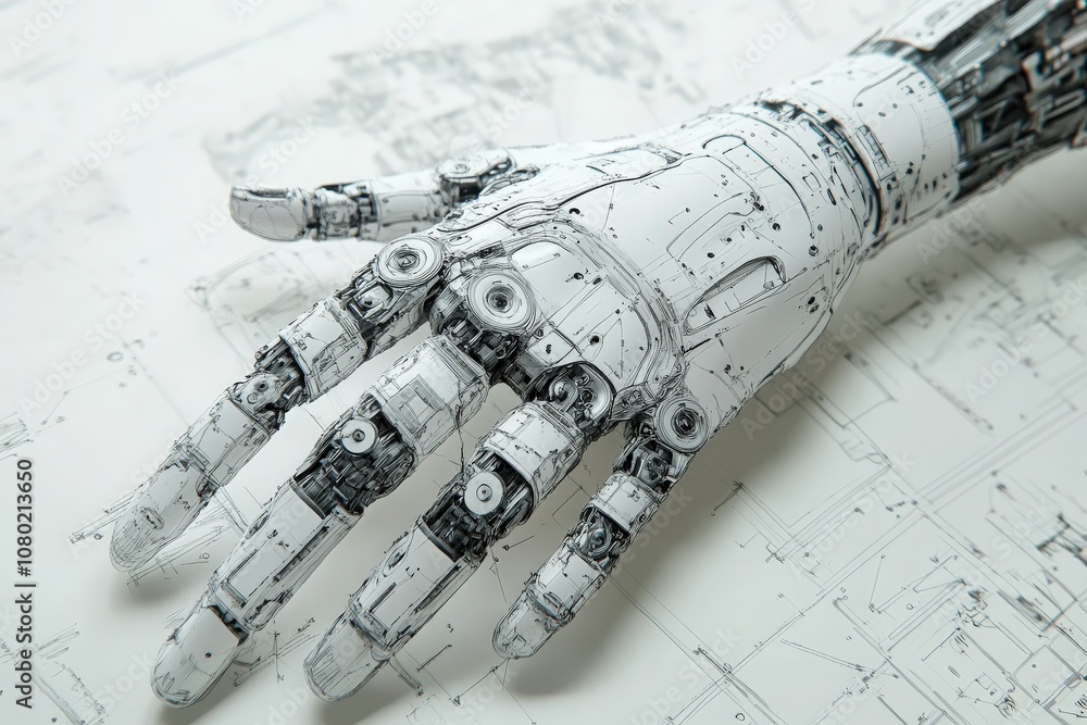A detailed technical sketch features a robotic arm, highlighting its intricate components and mechanical functionality, illustrating advanced engineering concepts and designs for automation.