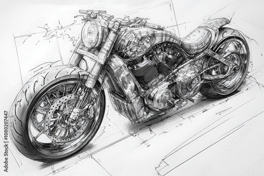 A detailed technical sketch highlights the design of a motorcycle, showcasing various components and structural elements that illustrate its functionality and aesthetic appeal.