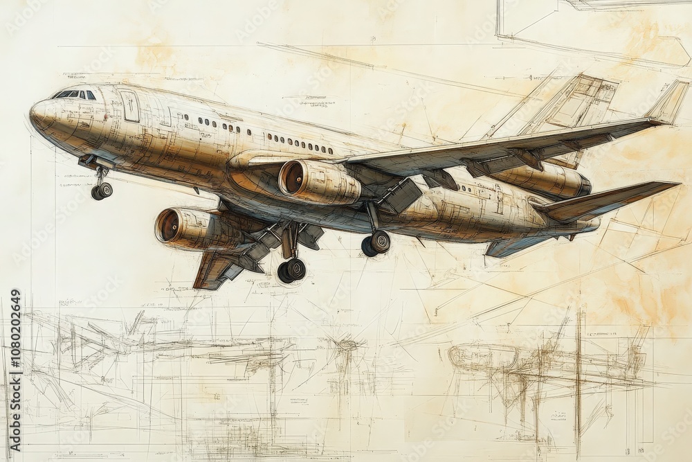 A detailed technical sketch illustrates a commercial aircraft soaring overhead, showcasing its design and engineering features against a light background.