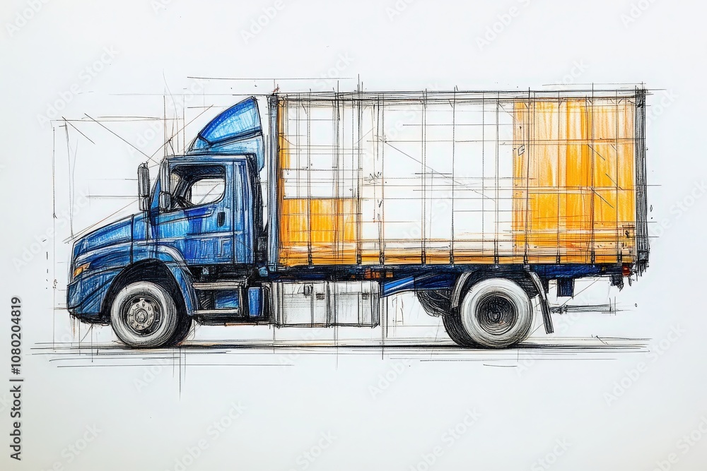 A detailed technical sketch illustrates a delivery truck from the side, highlighting its design features, structure, and functional aspects.
