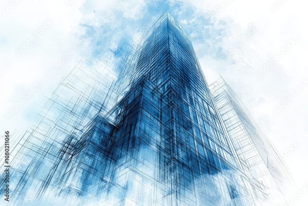 A detailed technical sketch illustrates a futuristic high-rise building, showcasing intricate lines and design elements. The blue tones blend with a cloudy background, enhancing its modern aesthetic.