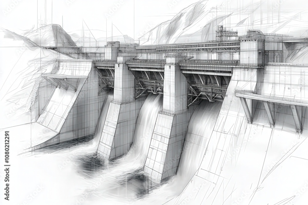 A detailed technical sketch illustrates a hydroelectric dam, highlighting the structural components and water flow design. The drawing conveys essential engineering aspects of the dam.
