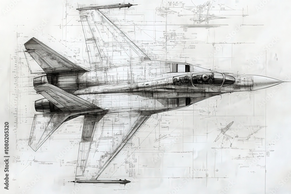 A detailed technical sketch illustrates a jet fighter, highlighting its design specifications, structure, and components. Measurements and annotations are clearly presented throughout the drawing.