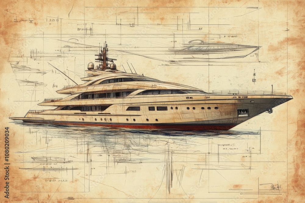 A detailed technical sketch illustrates a luxurious yacht, emphasizing its elegant lines and intricate features. This design showcases sophisticated naval architecture set on aged paper.