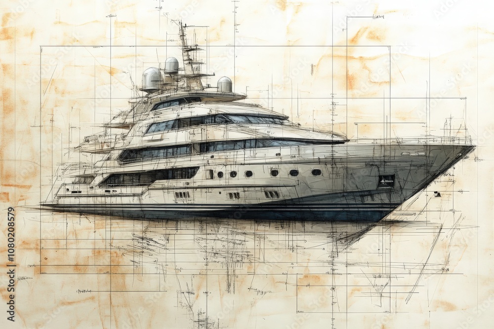 A detailed technical sketch illustrates a luxury yacht design, highlighting its intricate features, measurements, and structural details, capturing the essence of marine engineering and elegance.