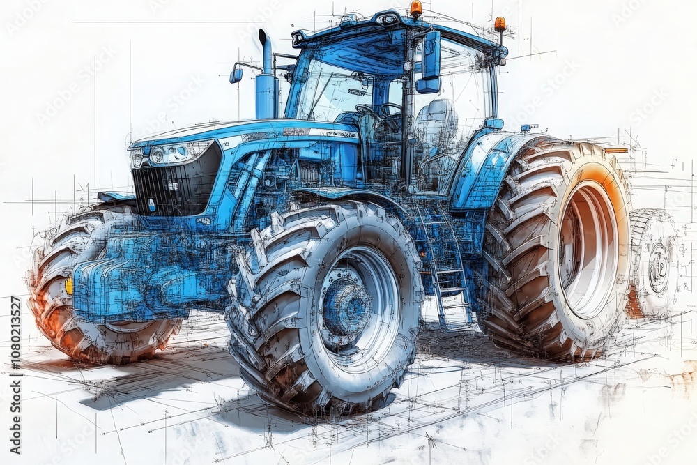 A detailed technical sketch illustrates a modern agricultural tractor, emphasizing its robust design, large tires, and advanced features suitable for farming applications.