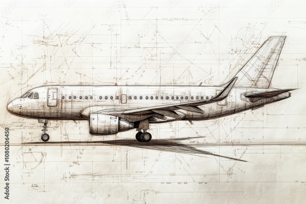 A detailed technical sketch illustrates a modern aircraft, showcasing its innovative design elements, structural features, and aerodynamic lines, capturing the essence of aviation engineering.