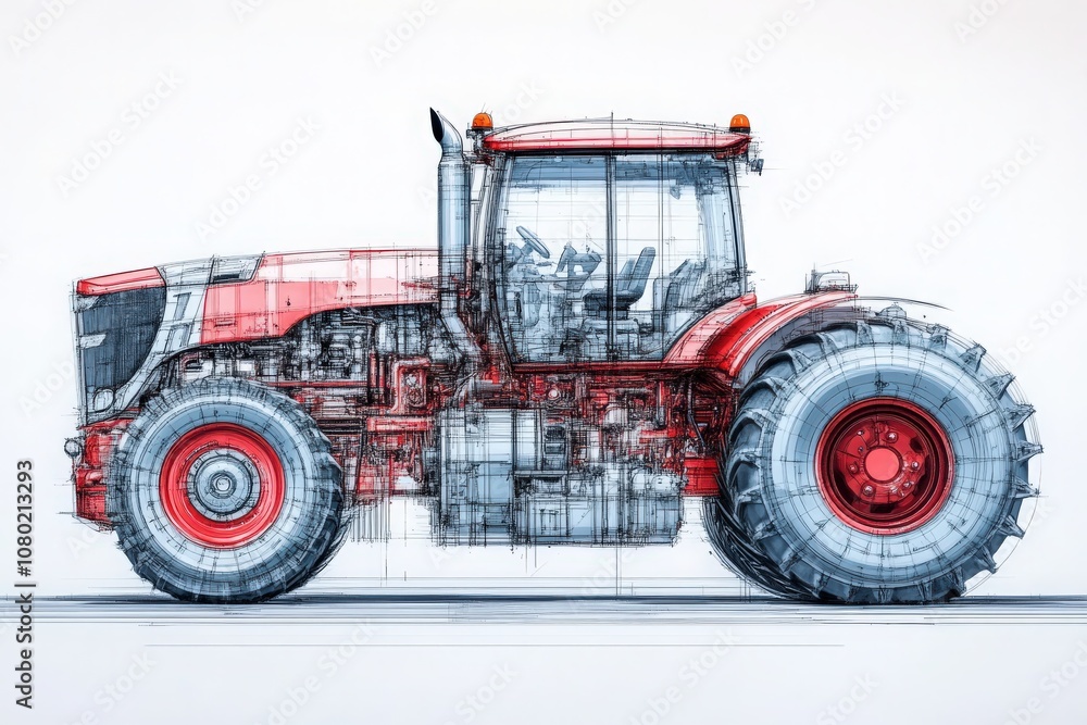 A detailed technical sketch illustrates a modern tractor, emphasizing its engineering components and robust design. The design highlights its practical functionalities and innovative features.