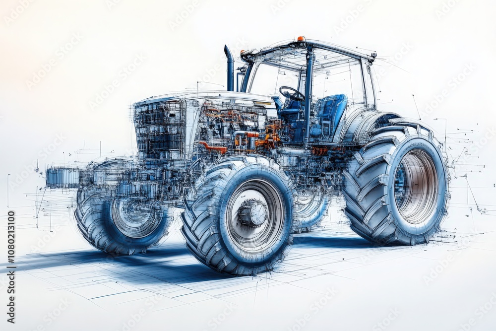 A detailed technical sketch illustrates a modern tractor with an emphasis on its engineering design and mechanical components, highlighting its advanced features in a clear, precise manner.
