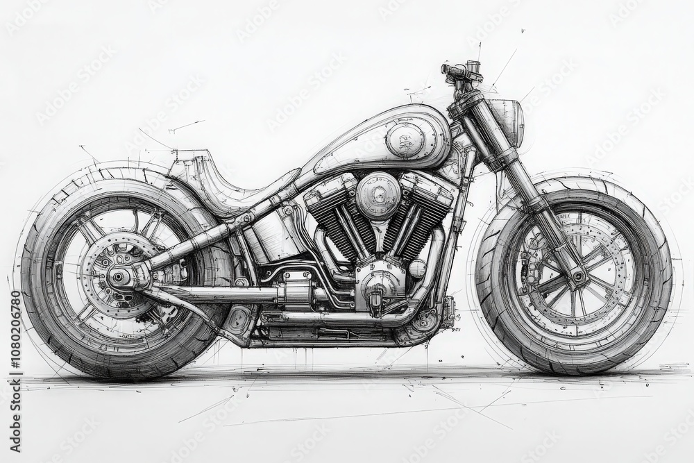 A detailed technical sketch illustrates a motorcycle design, featuring the frame, engine, wheels, and mechanical components. The drawing showcases intricate features and engineering specifics.
