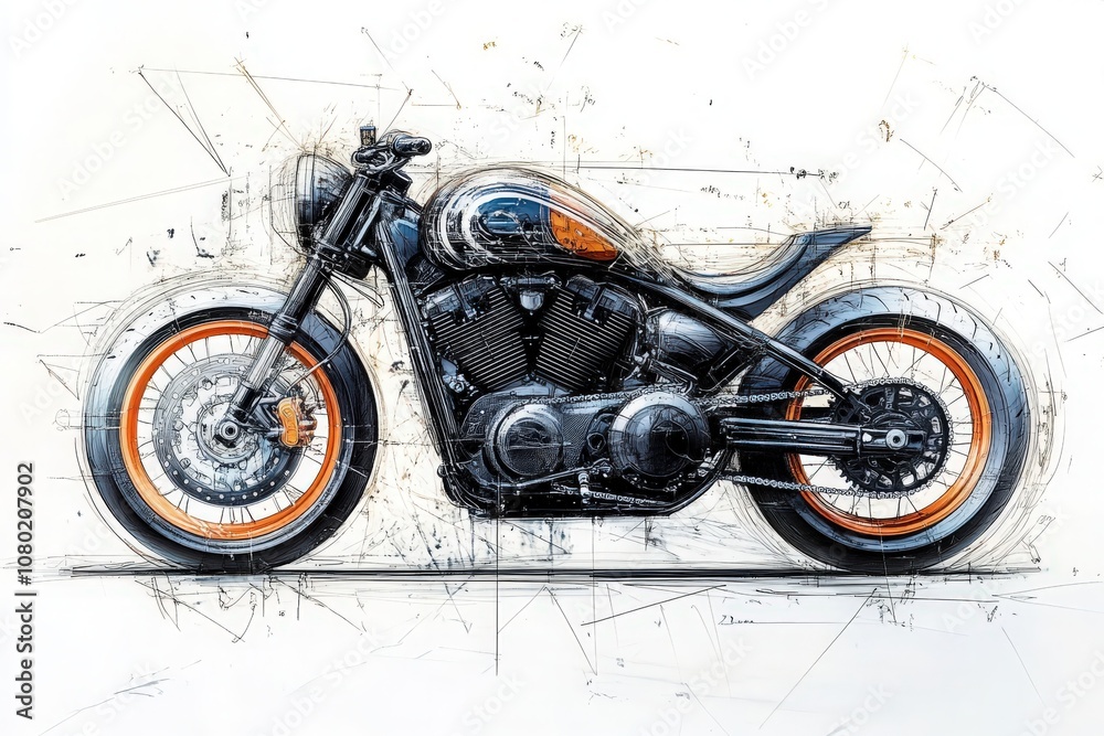 A detailed technical sketch illustrates a motorcycle, highlighting its structure, components, and artistic features.
