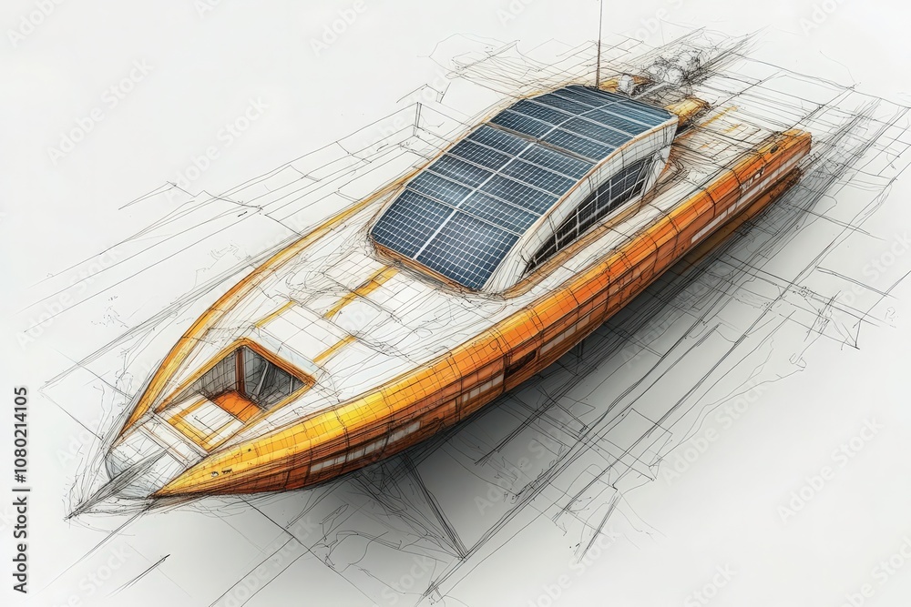 A detailed technical sketch illustrates a solar-powered yacht design showcasing innovative features. The drawing emphasizes the yachts shape, materials, and solar panel placement for efficiency.