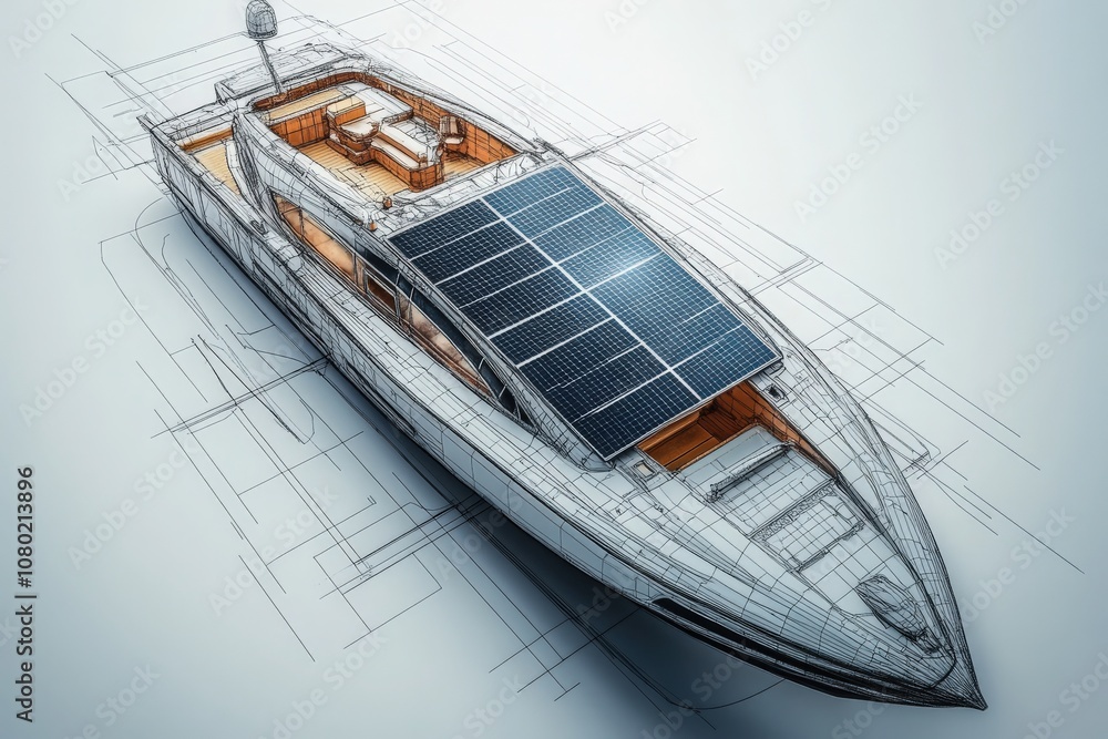 A detailed technical sketch illustrates a solar-powered yacht, highlighting its sleek design, solar panels on the roof, and spacious interior layout, emphasizing eco-friendly luxury boating.