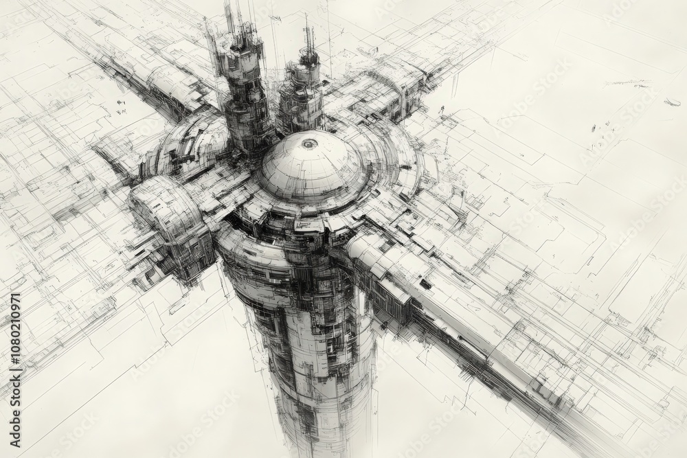 A detailed technical sketch illustrates a towering, futuristic structure designed with intricate geometric patterns.