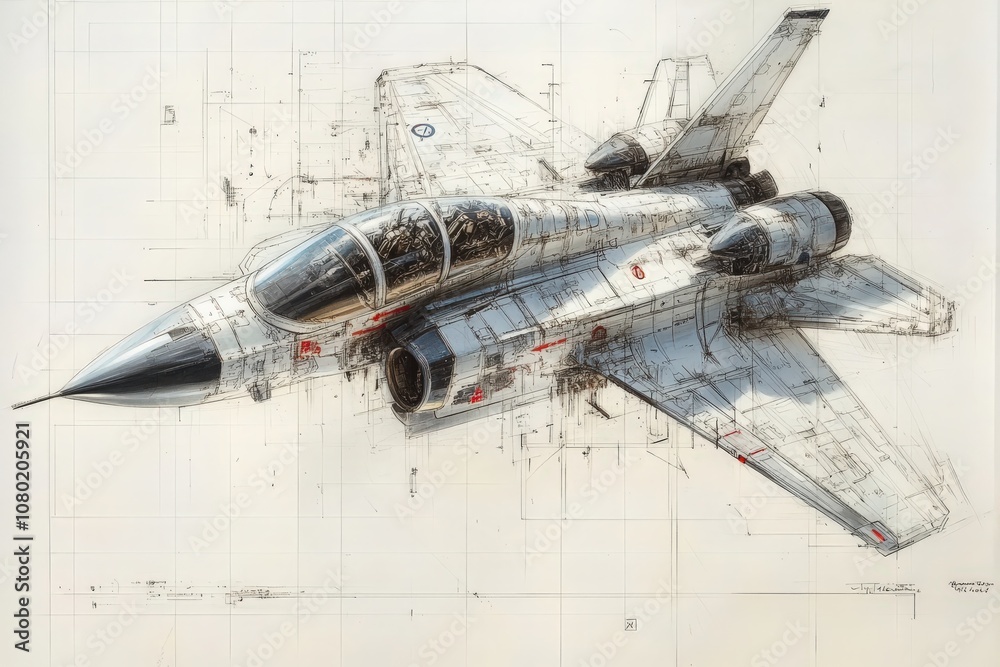 A detailed technical sketch illustrates the complex design of a jet fighter, featuring annotations and precise measurements. This representation highlights the fuselage, wings, and engine components.
