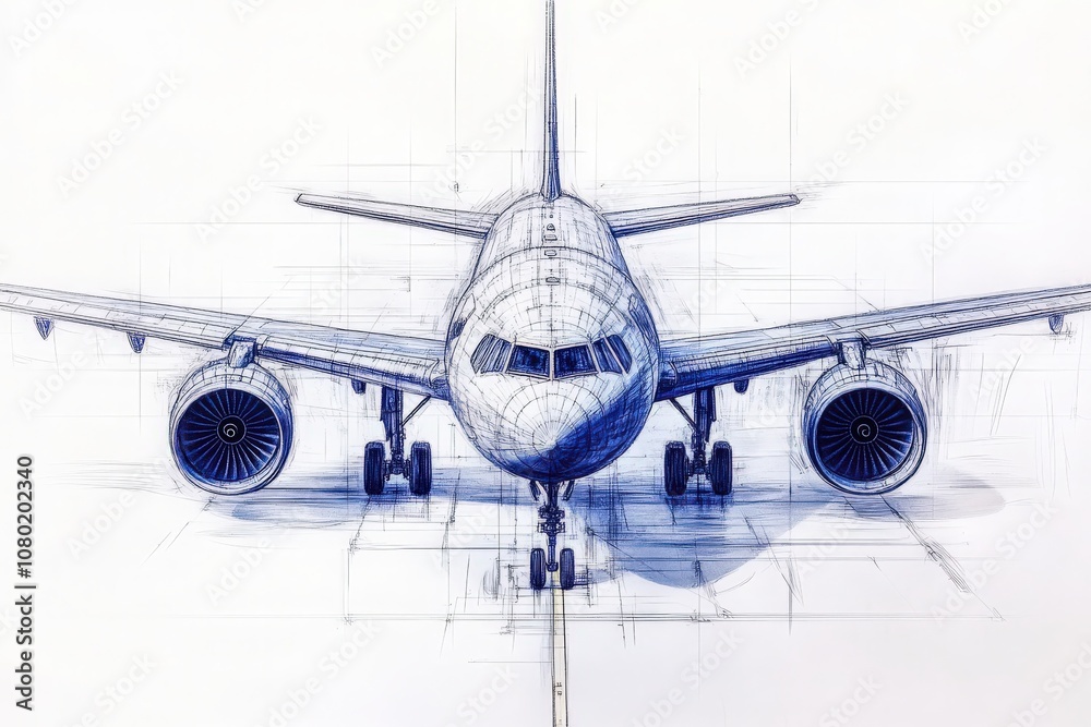 A detailed technical sketch illustrates the design of a commercial airplane, highlighting its features and structure in an engineering layout, typically for use in presentation or development.