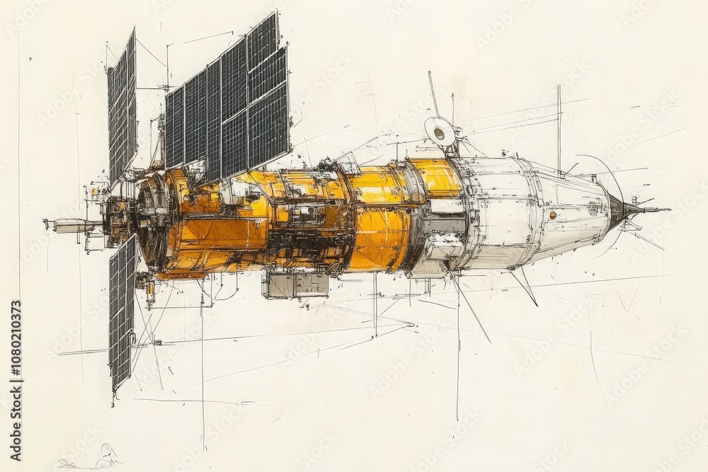 A detailed technical sketch illustrates the design of a communications satellite, highlighting its structure, solar panels, and various components, emphasizing its engineering complexity.