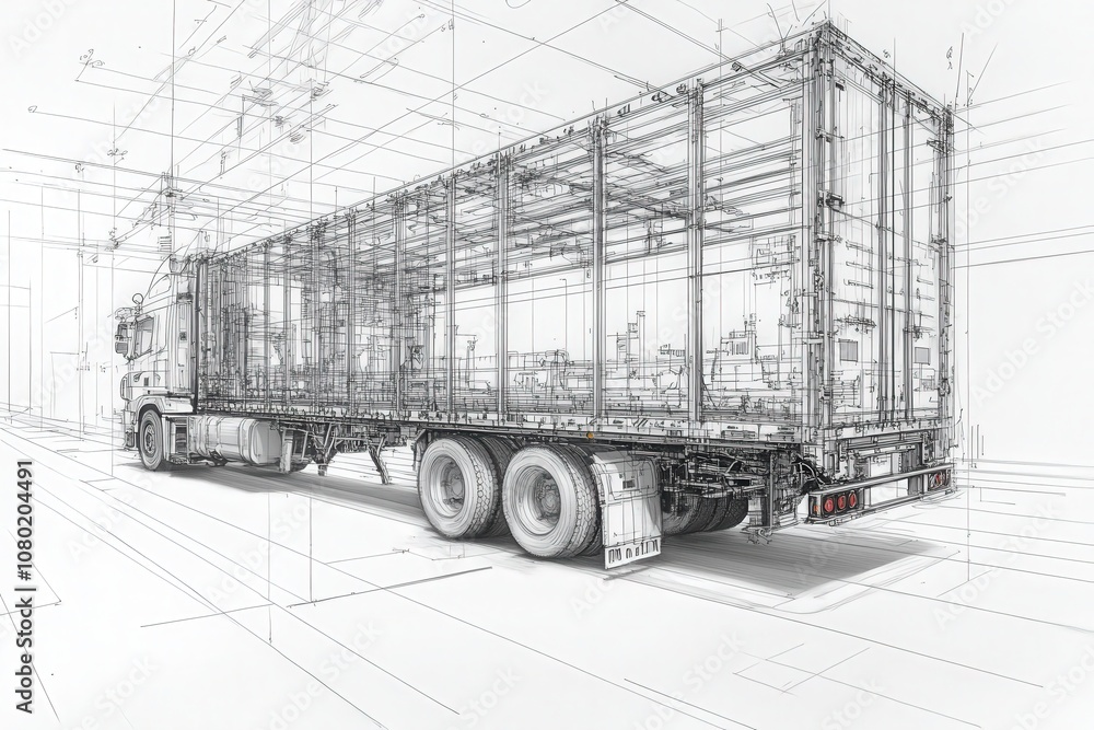 A detailed technical sketch illustrates the design of a delivery truck, highlighting structural features and dimensions important for logistics and transport applications.