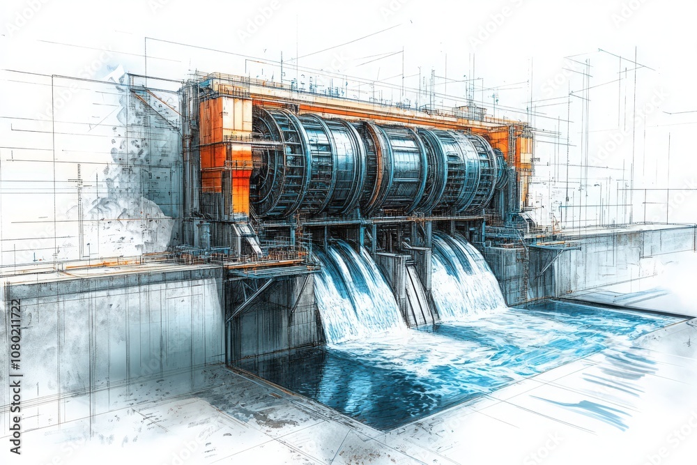 A detailed technical sketch illustrates the design of a hydroelectric dam, showcasing its structure, turbines, and water flow.