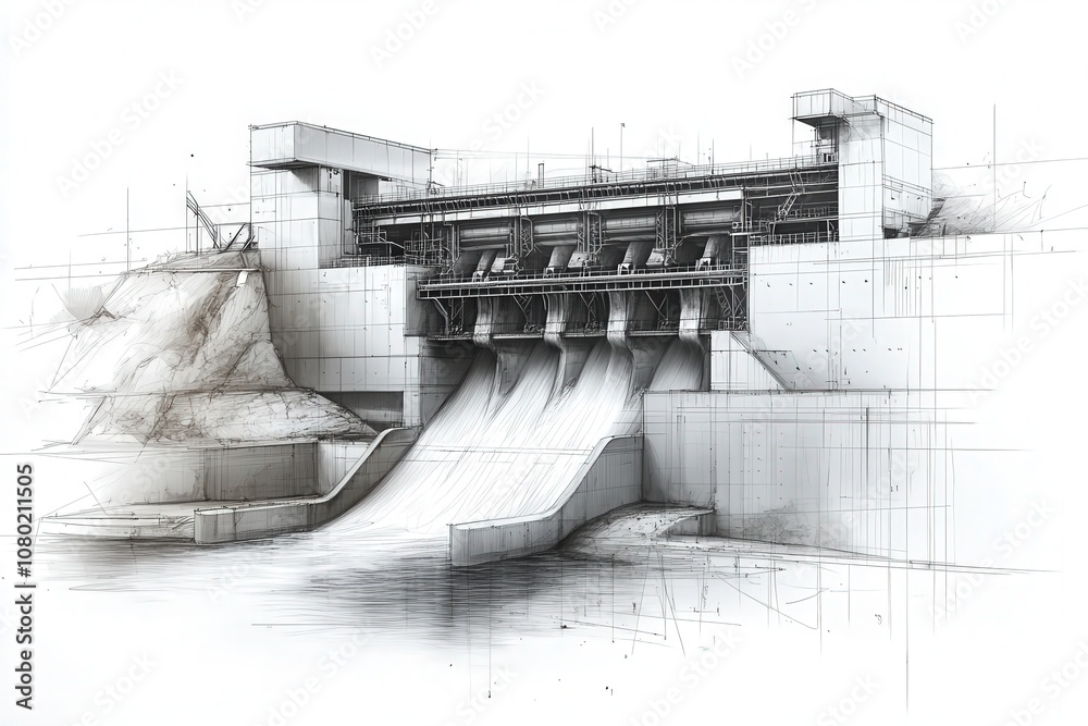 A detailed technical sketch illustrates the design of a hydroelectric dam, showcasing the structures components, water flow paths, and construction elements essential for energy generation.