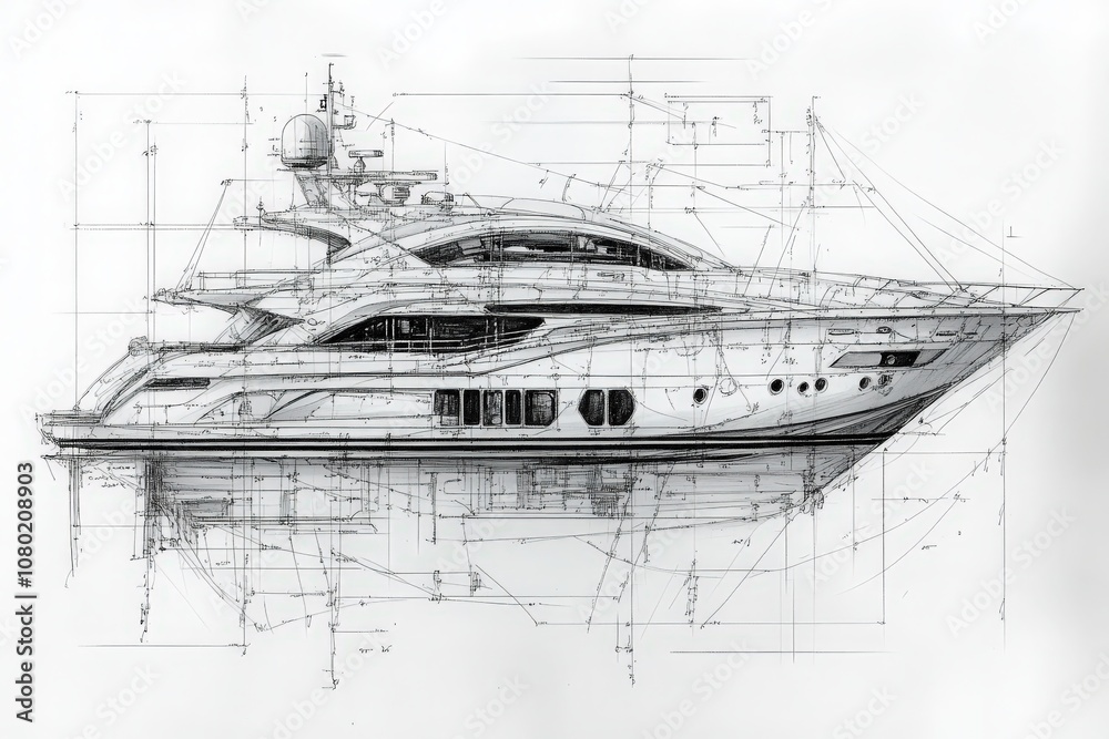 A detailed technical sketch illustrates the design of a luxury yacht, highlighting its elegant features and precise measurements.