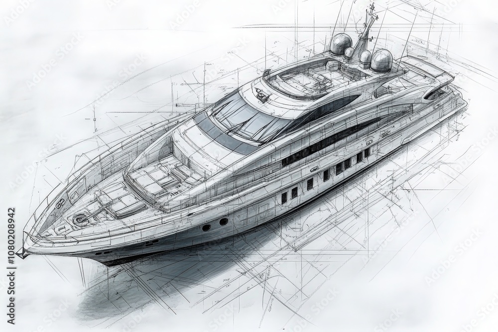 A detailed technical sketch illustrates the design of a luxury yacht, highlighting its intricate features and precise dimensions.