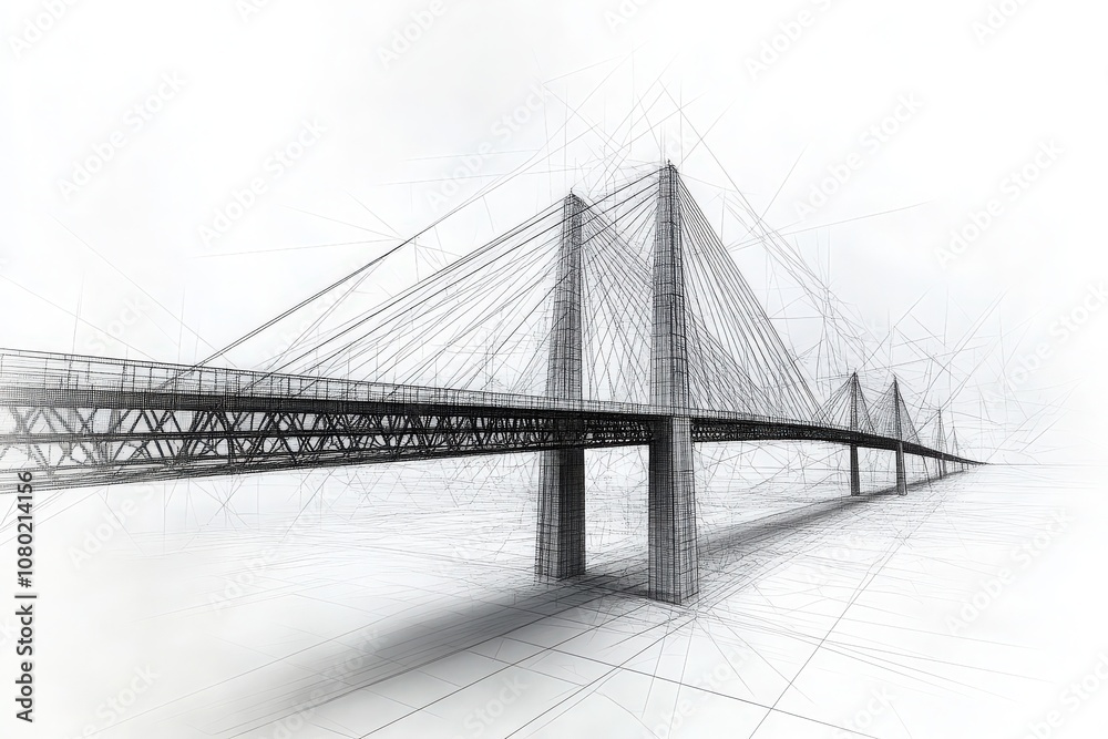 A detailed technical sketch illustrates the design of a modern suspension bridge, focusing on the intricate structural elements and perspective lines that define its architectural beauty.
