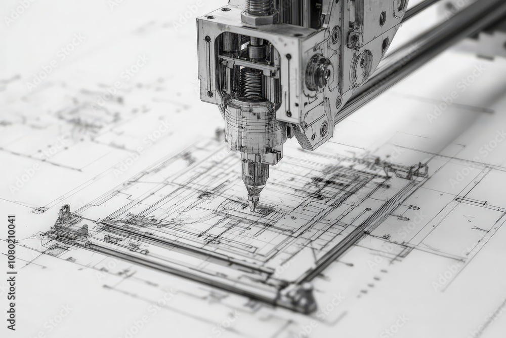 A detailed technical sketch illustrates the design of a printer, highlighting key components and structural elements involved in its construction, emphasizing functionality and innovation.