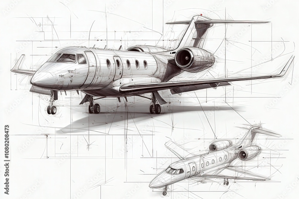 A detailed technical sketch illustrates the design of a sleek private jet, showcasing various perspectives and engineering details in a monochrome style, highlighting its aerodynamic features.