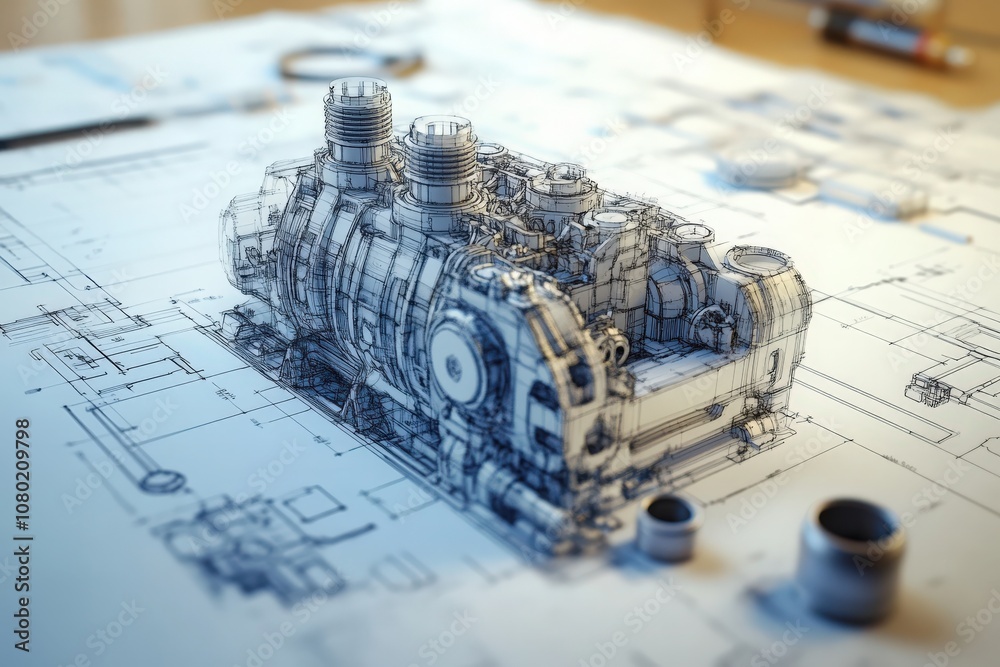 A detailed technical sketch illustrates the layout of an automobile engine, showcasing various components and measurements. Tools and drafting materials are visible around the drawing.