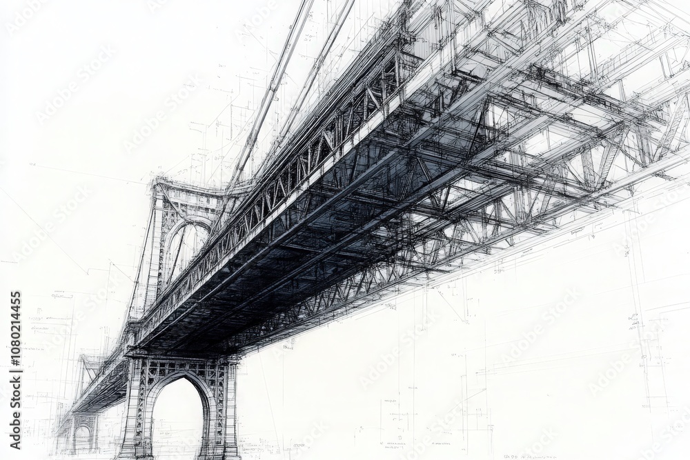 A detailed technical sketch illustrates the structural features of a suspension bridge, highlighting its design elements and engineering aspects. This sketch offers insights into bridge construction.