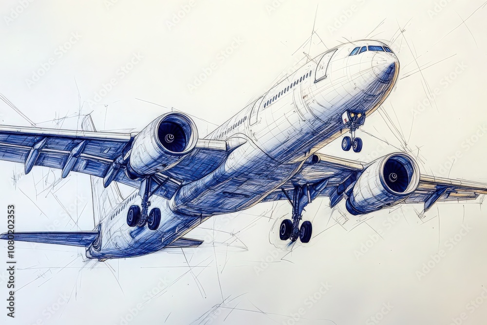 A detailed technical sketch illustrating an aircraft ascending into the sky above a commercial airport. The drawing showcases intricate design features and mechanical details.
