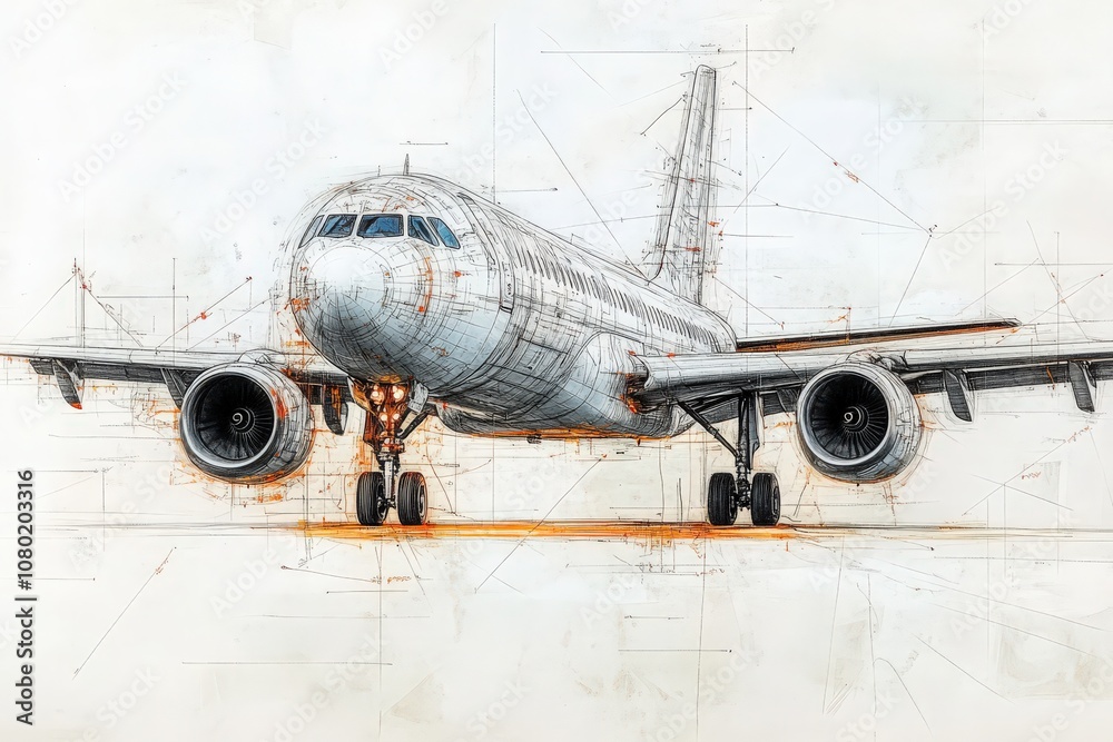 A detailed technical sketch illustrating the design of a commercial airplane. The drawing emphasizes structural elements and engineering precision, highlighting the aircrafts features and form.