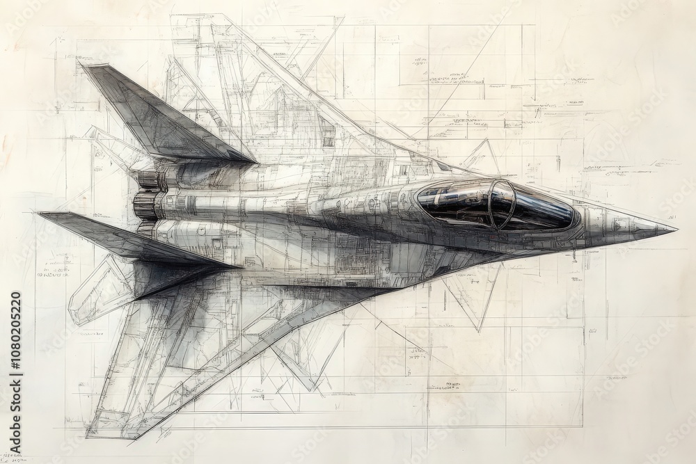 A detailed technical sketch of a jet fighter highlights its intricate design and engineering features. The drawing captures various components essential for advanced aerial performance.