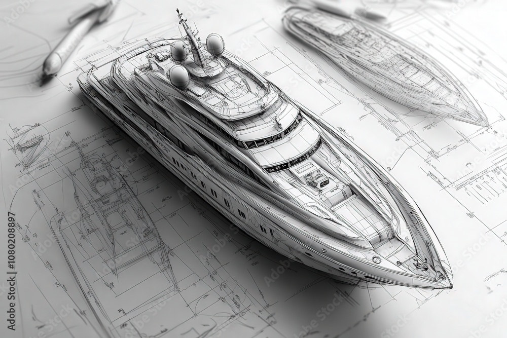 A detailed technical sketch of a luxury yacht showcases its design elements and specifications. Surrounded by drafting tools, the artwork highlights the craftsmanship involved in yacht construction.