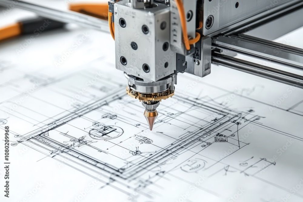 A detailed technical sketch of a printer design is displayed, illustrating the intricate components and assembly process.