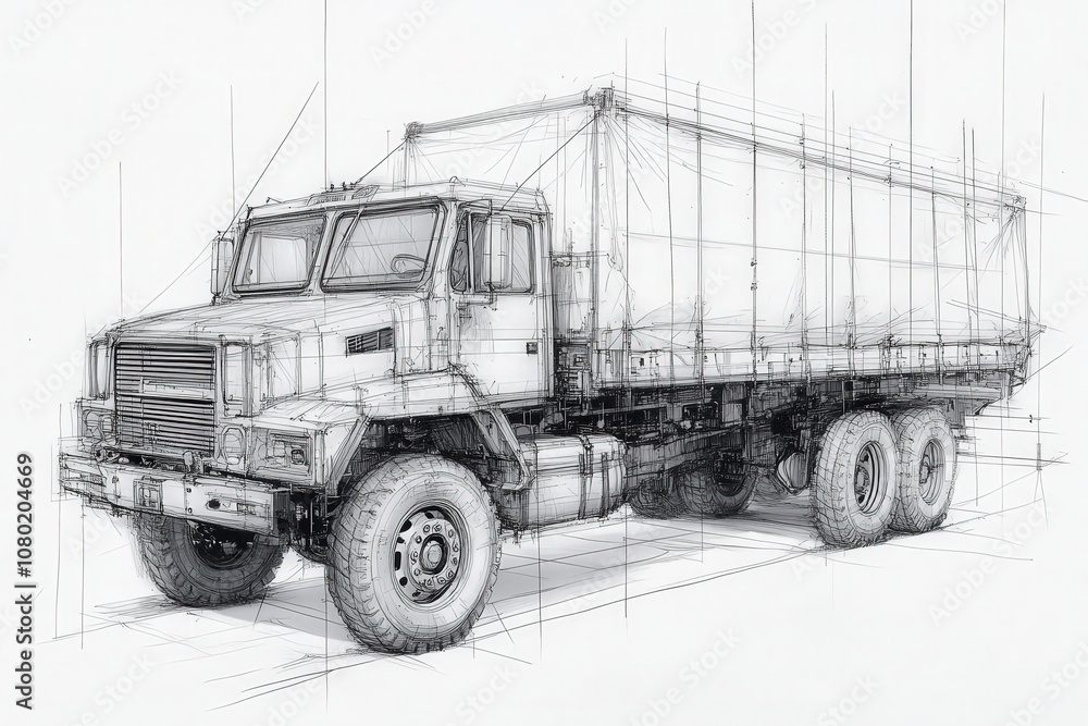 A detailed technical sketch outlines the design of a delivery truck, showcasing its structure, dimensions, and intended functionality for efficient urban logistics.